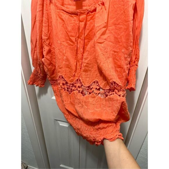 V Christina Womens Silk Tunic Blouse Eyelet Quarter Sleeve Smocked Cuff Orange M - Picture 6 of 7